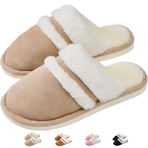 7STROBBS Hausschuhe Damen Winter Warme Plüschige Pantoffeln Weiche Flauschige Memory Foam Pantoletten Rutschfeste Flache Slippers Indoor Outdoor Schuhe Khaki EU40/41 von 7STROBBS