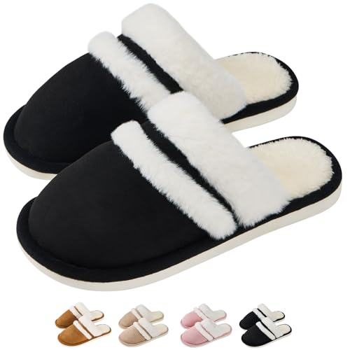 7STROBBS Hausschuhe Damen Winter Warme Plüschige Pantoffeln Weiche Flauschige Memory Foam Pantoletten Rutschfeste Flache Slippers Indoor Outdoor Schuhe Schwarz EU38/39 von 7STROBBS