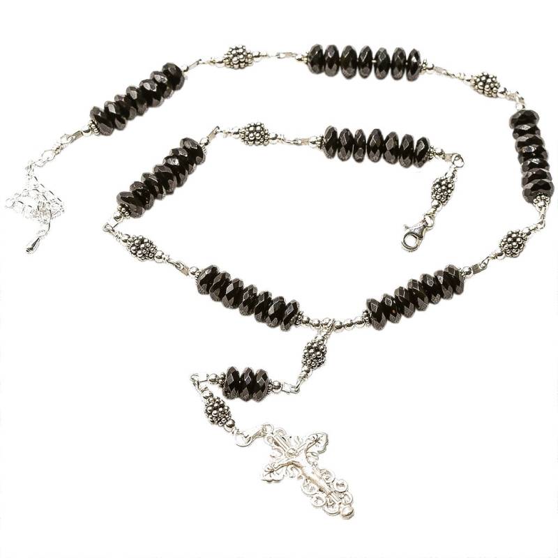 sterling Silber 7 Sorrows Rosenkranz Halskette Facettierter Onyx 6mm Knopf Form Mit Kruzifix von 7SorrowsRosaries