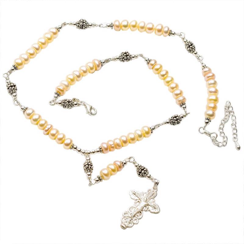 sterling Silber 7 Sorrows Rosenkranz Halskette Süßwasserzuchtperlen 6mm Knopfform Mit Kruzifix von 7SorrowsRosaries
