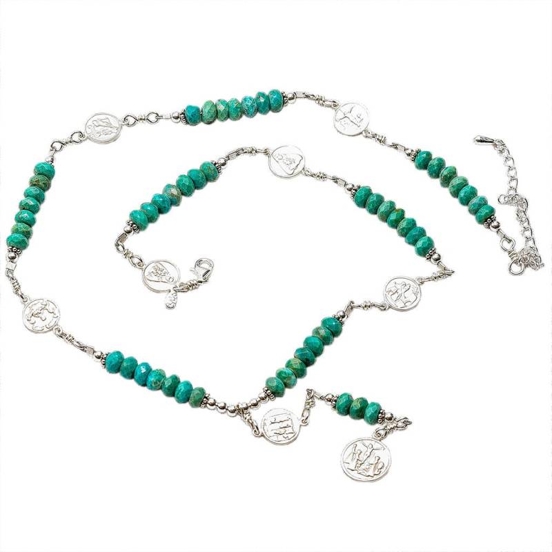 sterling Silber 7 Sorrows Rosenkranz Halskette Türkis 6mm Button Form, Small Medaillen Set von 7SorrowsRosaries