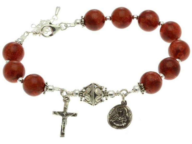 sterling Silber Rosenkranz Armband Red Sponge Coral 10mm, 7 Sorrows/Traditionelles von 7SorrowsRosaries