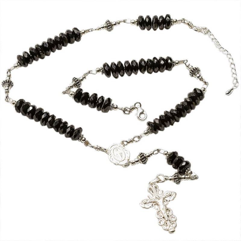 sterling Silber Rosenkranz Halskette Facettierte Onyx 6mm Kruzifix & Miraculous Medaille, 17" Gebetskette von 7SorrowsRosaries