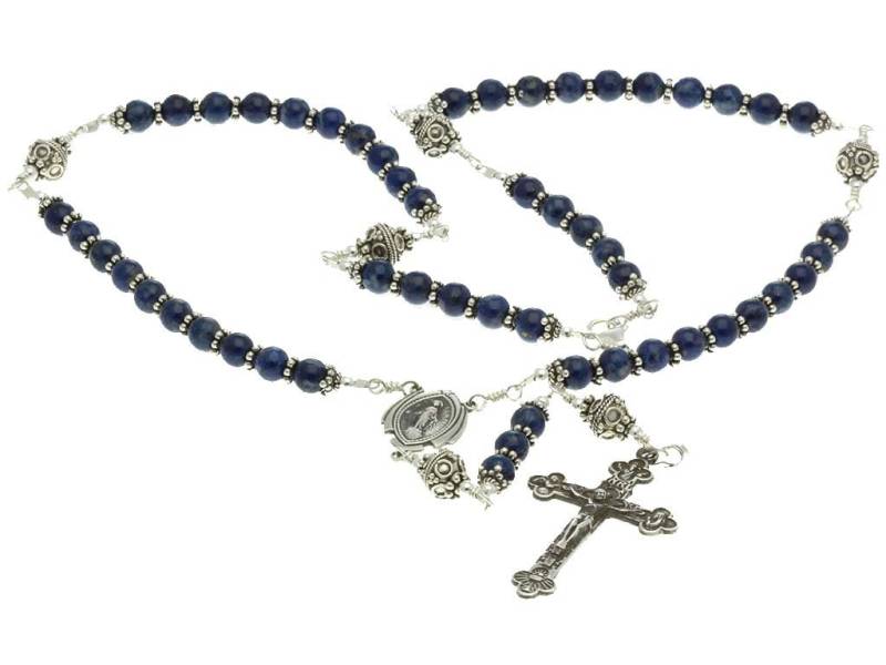 sterling Silber Rosenkranz Halskette Lapis Lazuli 6mm Kruzifix & Miraculous Medaille, 23" Gebetskette von 7SorrowsRosaries