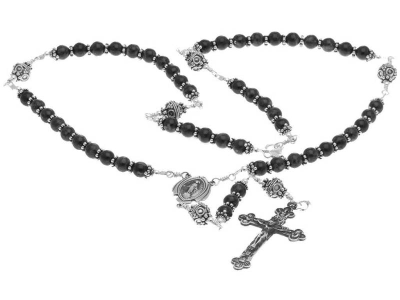 sterling Silber Rosenkranz Halskette Onyx 6mm Kruzifix & Miraculous Medaille, 23" Gebetskette von 7SorrowsRosaries