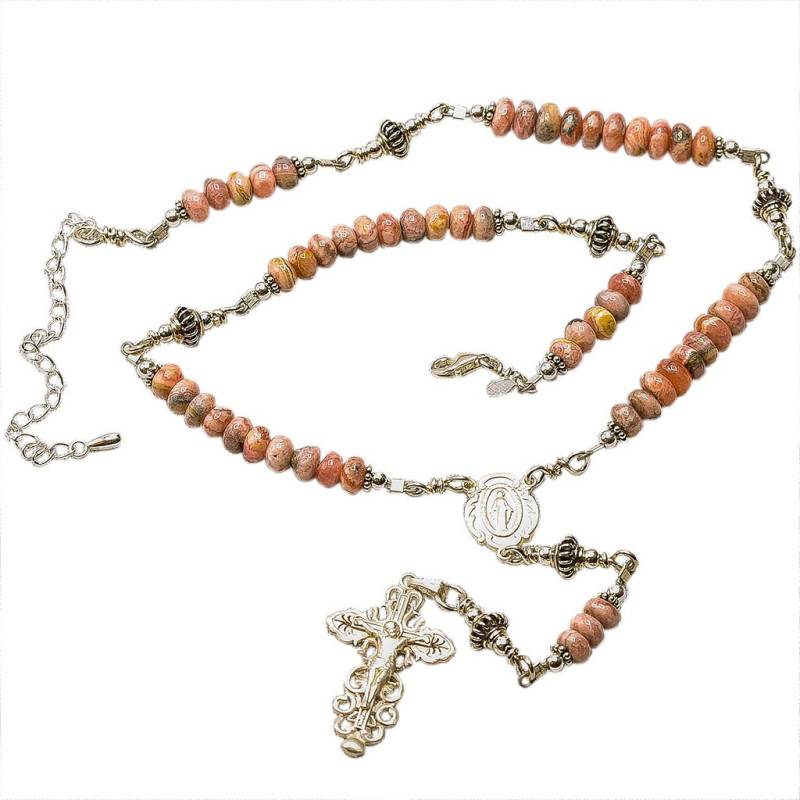 sterling Silber Rosenkranz Halskette Rhodochrosit 6mm Kruzifix & Miraculous Medaille, 17" Gebetskette von 7SorrowsRosaries