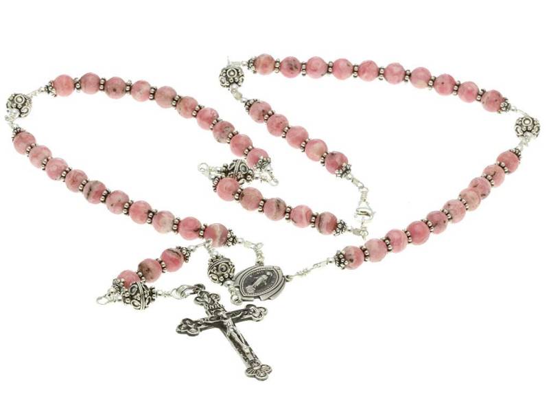 sterling Silber Rosenkranz Halskette Rhodochrosit 6mm Kruzifix & Miraculous Medaille, 23" Gebetskette von 7SorrowsRosaries