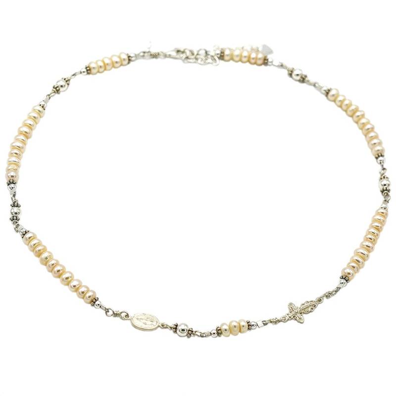 sterling Silber Rosenkranz Halskette Süßwasser Perle 6mm Kruzifix & Miraculous Medaille, 17" Gebetskette von 7SorrowsRosaries