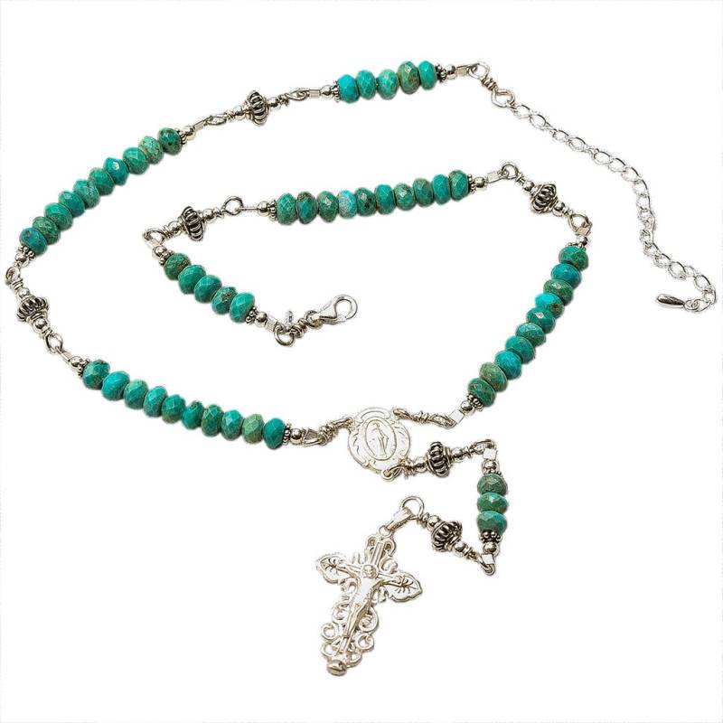 sterling Silber Rosenkranz Halskette Türkis 6mm Kruzifix & Miraculous Medaille, 17" Gebetskette von 7SorrowsRosaries