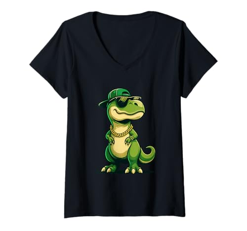 Damen Dinosaurier T-Rex Hip Hop Retro Neuheit Kinder Lustiger Dinosaurier T-Shirt mit V-Ausschnitt von 7eaven Shop