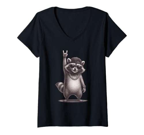 Damen Retro Waschbär Hip Hop Rock Musik Geschenk Männer Kinder Frauen Lustig T-Shirt mit V-Ausschnitt von 7eaven Shop