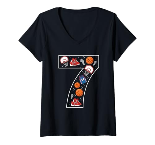 Damen 7. Geburtstag 7 Jahre alt Basketball Jungen Mädchen Basketball T-Shirt mit V-Ausschnitt von 7th Birthday 7 Year Old Basketball Boys Girls