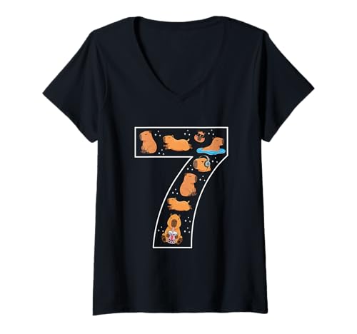 Damen 7. Geburtstag 7 Jahre alt Capybara Jungen Mädchen Tier T-Shirt mit V-Ausschnitt von 7th Birthday 7 Year Old Capybara Boys Girls