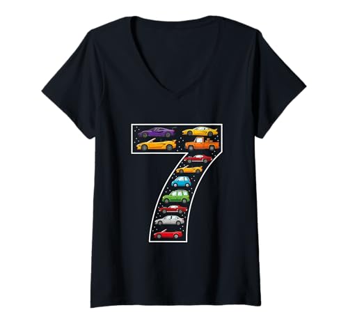 Damen 7. Geburtstag 7 Jahre alte Autos Jungen Mädchen Rennen T-Shirt mit V-Ausschnitt von 7th Birthday 7 Year Old Cars Boys Girls