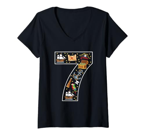 Damen 7. Geburtstag 7 Jahre alt Pirat Jungen Mädchen Schädel T-Shirt mit V-Ausschnitt von 7th Birthday 7 Year Old Pirate Boys Girls