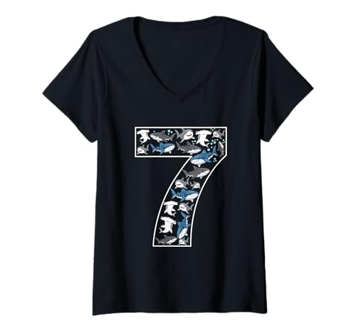 Damen 7. Geburtstag 7 Jahre alt Hai Jungen Mädchen Fisch T-Shirt mit V-Ausschnitt von 7th Birthday 7 Year Old Shark Boys Girls