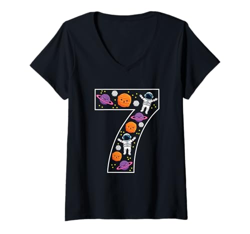 Damen 7. Geburtstag 7 Jahre alt Weltraum Jungen Mädchen Astronaut Planeten T-Shirt mit V-Ausschnitt von 7th Birthday 7 Year Old Space Boys Girls Astronaut