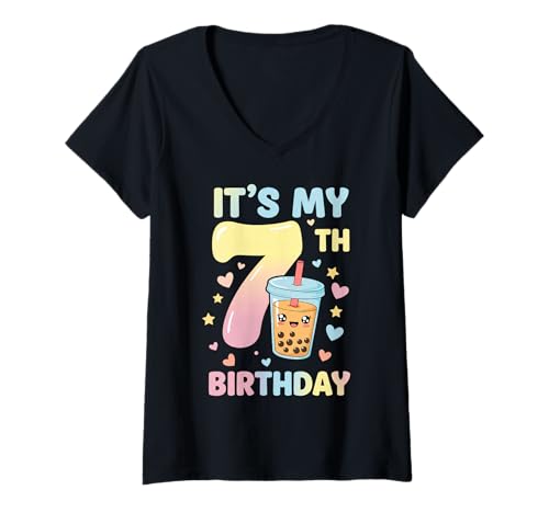 Damen It's My 7th Birthday Bubble Boba Tea Party 7 Year Old Girl T-Shirt mit V-Ausschnitt von 7th Birthday Boba Tea Party 7 Year Old Girl