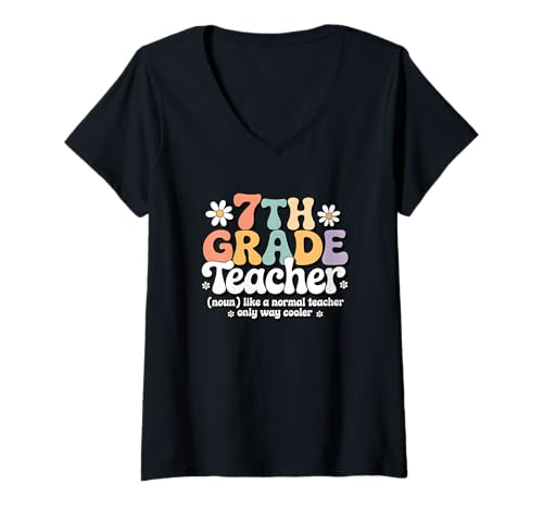 Damen Retro Groovy Lehrer der 7. Klasse Mittelschule Zurück zur Schule T-Shirt mit V-Ausschnitt Damen Retro Groovy Lehrer der 7. Klasse Mittelschule Zurück zur Schule T-Shirt mit V-Ausschnitt von 7th Grade Teacher Apparel for Women & Men