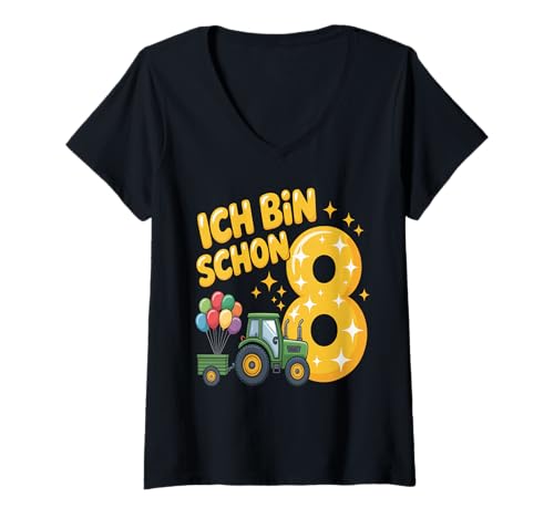 Damen Kinder 8 Geburtstag Junge Traktor Outfit Ich Bin Schon 8 T-Shirt mit V-Ausschnitt von 8 Year Tractors Birthday