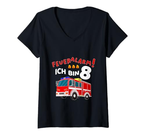 Damen 8. Geburtstag Junge Deko Geburtstag 8 Jahre Junge Feuerwehr T-Shirt mit V-Ausschnitt von 8. Geburtstagsdeko Feuerwehr Geburtstag Mitgebsel