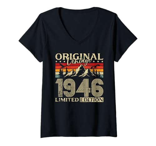 Damen 80. Geburtstag Mann Frau 80 Jahre Vintage 1946 Deko Lustig T-Shirt mit V-Ausschnitt von 80 Jahre Mann Frau Damen Herren Geburtstag