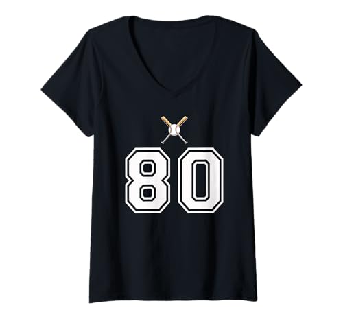 Damen 80 Nummer Baseball Style Vintage Weiß T-Shirt mit V-Ausschnitt Damen 80 Nummer Baseball Style Vintage Weiß T-Shirt mit V-Ausschnitt von 80 Nummer Baseball Style Weiß