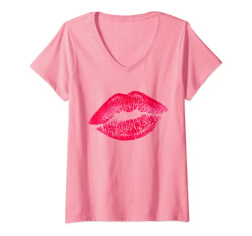 Damen 80er Jahre Neon Hot Pink Kiss T-Shirt – 80er Jahre Kostüm T-Shirt mit V-Ausschnitt von 80's Fancy Dress Tees