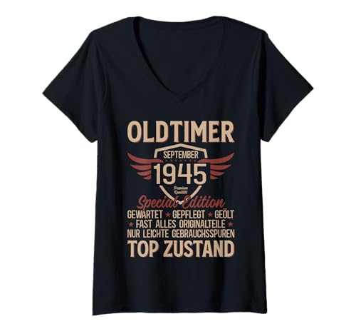 Damen 80. Geburtstag Mann Geschenk Oldtimer September 1945 T-Shirt mit V-Ausschnitt Damen 80. Geburtstag Mann Geschenk Oldtimer September 1945 T-Shirt mit V-Ausschnitt von 80. Geburtstag Geschenk Oldtimer Jahrgang 1945