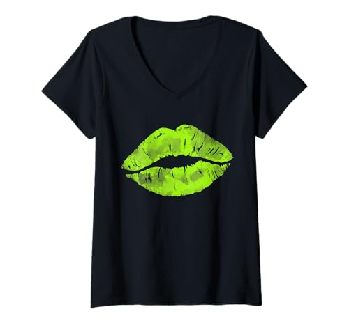Damen Kussmund 80er 90er 80s 90s Motto Retro Vintage Party Kostüm T-Shirt mit V-Ausschnitt von 80er 90er Jahre Fun Party Lippen Mund Verkleidung