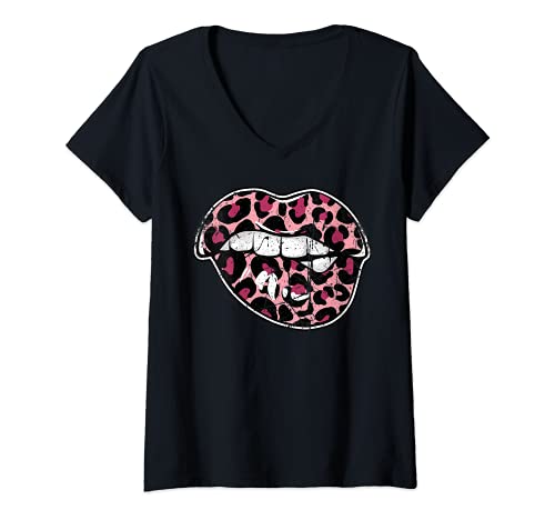 Damen 80s & 90s Kussmund Lippen Leopard Muster Print Pink T-Shirt mit V-Ausschnitt von 80er 90er Jahre Lips Lippenstift Design Idee