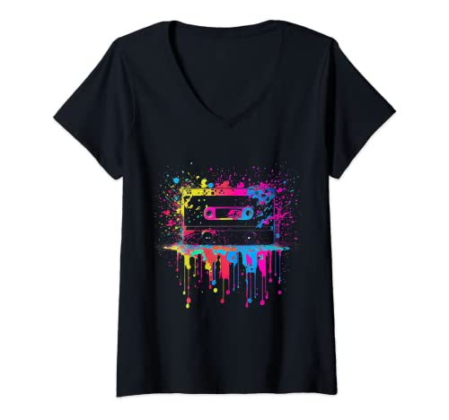 Damen 80er 90er Jahre Retro Party Verkleidung Kassette T-Shirt mit V-Ausschnitt von 80er 90er Jahre Retro Kassette Outfits & Geschenk