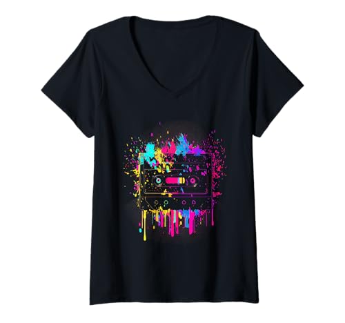Damen 90er 80er Jahre Motto Party Outfit Kostüm Geschenk T-Shirt mit V-Ausschnitt von 80er 90er Jahre Retro Kassette Outfits & Geschenk