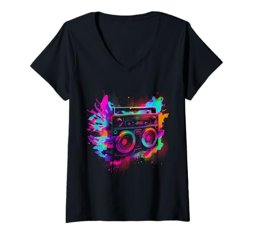 Damen 90er 80er Jahre Motto Party Outfit Kostüm T-Shirt mit V-Ausschnitt Damen 90er 80er Jahre Motto Party Outfit Kostüm T-Shirt mit V-Ausschnitt von 80er 90er Jahre Retro Kassette Outfits & Geschenk
