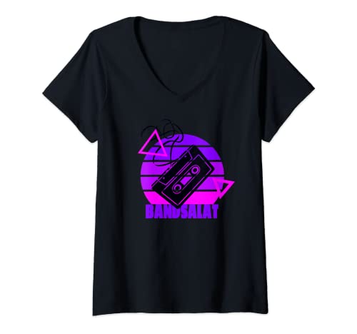 Damen 80er 90er Jahre Retro Kassette T-Shirt mit V-Ausschnitt von 80er 90er Jahre Retro Kassette