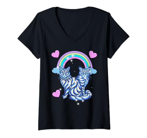 Damen Frauen Kinder Kind Mädchen Regenbogen Herzen Katzen Katze T-Shirt mit V-Ausschnitt Damen Frauen Kinder Kind Mädchen Regenbogen Herzen Katzen Katze T-Shirt mit V-Ausschnitt von 80er 90er Katzen Retro Katze Vintage