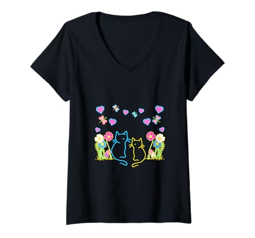 Damen Frühling Sommer Katzen Katze Kinder Kind Kleinkinder Blumen T-Shirt mit V-Ausschnitt Damen Frühling Sommer Katzen Katze Kinder Kind Kleinkinder Blumen T-Shirt mit V-Ausschnitt von 80er 90er Katzen Retro Katze Vintage