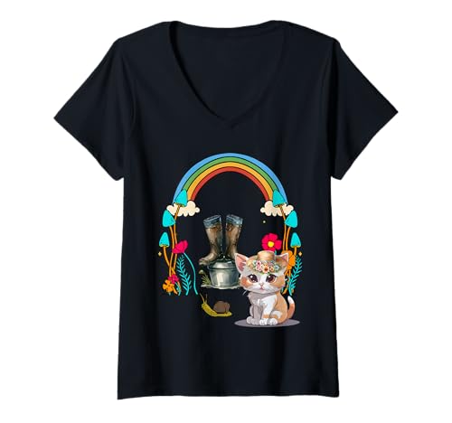 Damen Garten Katze Mädchen Regenbogen Katzen Hobbygärtner Kind T-Shirt mit V-Ausschnitt Damen Garten Katze Mädchen Regenbogen Katzen Hobbygärtner Kind T-Shirt mit V-Ausschnitt von 80er 90er Katzen Retro Katze Vintage