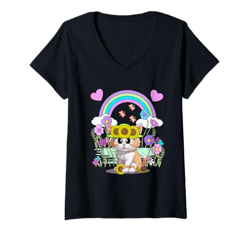 Damen Garten Regenbogen Katze Retro Katzen Mädchen Kinder T-Shirt mit V-Ausschnitt von 80er 90er Katzen Retro Katze Vintage