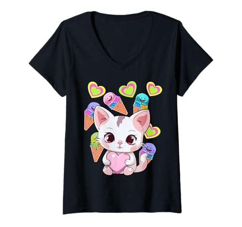 Damen Kinder Kind Katze Katzen Retro Mädchen Jungen Sommer Eiskrem T-Shirt mit V-Ausschnitt Damen Kinder Kind Katze Katzen Retro Mädchen Jungen Sommer Eiskrem T-Shirt mit V-Ausschnitt von 80er 90er Katzen Retro Katze Vintage