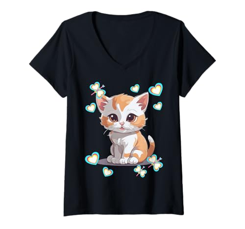 Damen Kinder Kind Retro Katze Katzen 80er Mädchen Jungen Kleinkind T-Shirt mit V-Ausschnitt Damen Kinder Kind Retro Katze Katzen 80er Mädchen Jungen Kleinkind T-Shirt mit V-Ausschnitt von 80er 90er Katzen Retro Katze Vintage