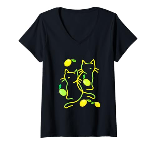 Damen Lemonen Zitronen Retro Karten Katze 80er Teenie Kinder Kind T-Shirt mit V-Ausschnitt Damen Lemonen Zitronen Retro Karten Katze 80er Teenie Kinder Kind T-Shirt mit V-Ausschnitt von 80er 90er Katzen Retro Katze Vintage