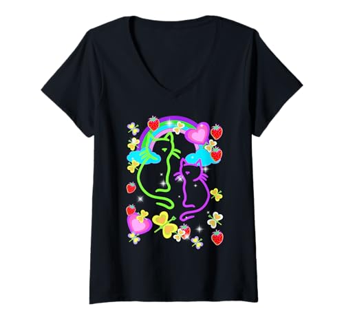 Damen Regenbogen Retro Katzen Sommer Erdbeeren Kind Mädchen T-Shirt mit V-Ausschnitt von 80er 90er Katzen Retro Katze Vintage