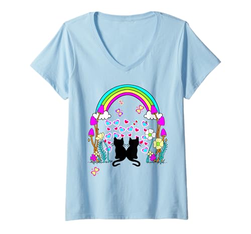 Damen Regenbogen Teenie Kinder Kind Retro Katzen Natur Blume Katze T-Shirt mit V-Ausschnitt Damen Regenbogen Teenie Kinder Kind Retro Katzen Natur Blume Katze T-Shirt mit V-Ausschnitt von 80er 90er Katzen Retro Katze Vintage