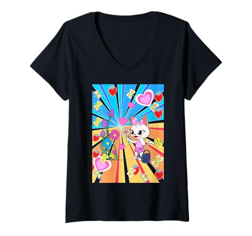 Damen Retro 80er Katze Katzen Kinder Teenager Teenie Kind Blumen T-Shirt mit V-Ausschnitt Damen Retro 80er Katze Katzen Kinder Teenager Teenie Kind Blumen T-Shirt mit V-Ausschnitt von 80er 90er Katzen Retro Katze Vintage