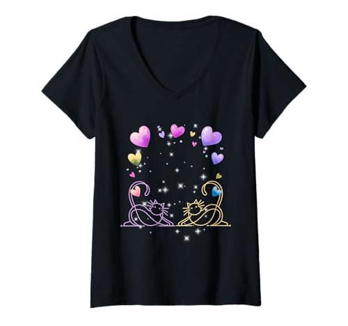 Damen Retro Katzen Katze Herzen Valentin Herz Kätzchen Geburtstag T-Shirt mit V-Ausschnitt von 80er 90er Katzen Retro Katze Vintage