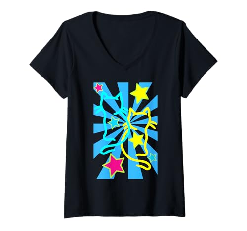 Damen Retro Katzen Katze Vintage 80er 90er Old school Kinder Kind T-Shirt mit V-Ausschnitt Damen Retro Katzen Katze Vintage 80er 90er Old school Kinder Kind T-Shirt mit V-Ausschnitt von 80er 90er Katzen Retro Katze Vintage