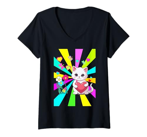 Damen süße Katze niedliche Katze Katzen Herz Kinder Kind Teenie T-Shirt mit V-Ausschnitt Damen süße Katze niedliche Katze Katzen Herz Kinder Kind Teenie T-Shirt mit V-Ausschnitt von 80er 90er Katzen Retro Katze Vintage