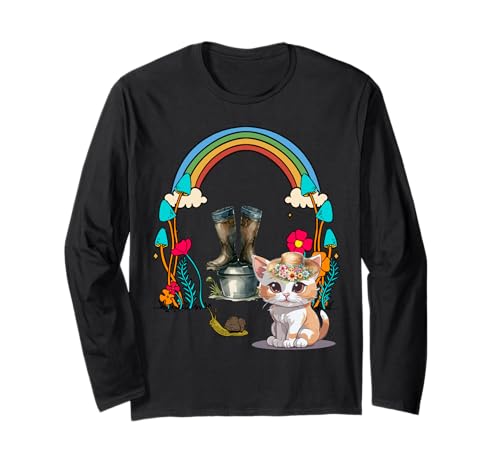Garten Katze Mädchen Regenbogen Katzen Hobbygärtner Kind Langarmshirt von 80er 90er Katzen Retro Katze Vintage