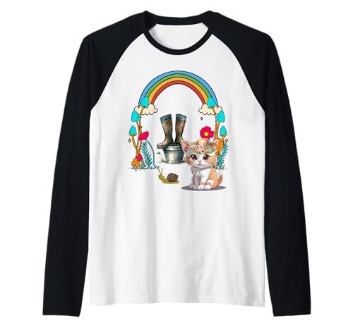 Garten Katze Mädchen Regenbogen Katzen Hobbygärtner Kind Raglan von 80er 90er Katzen Retro Katze Vintage